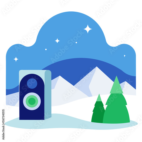 Arctic tundra frozen landscape speaker with aurora vector icon on white background.