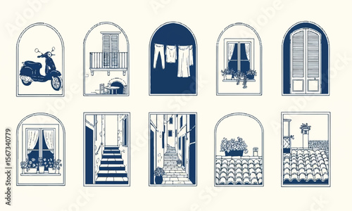 Windows with Italy themed illustrations