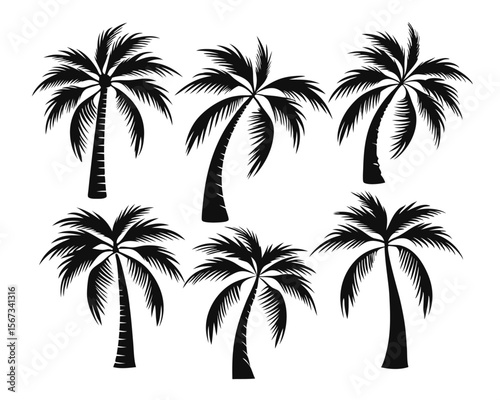 Collection of striking black silhouette graphics featuring a tropical palm tree perfect for coastal themes summer designs and exotic branding elements