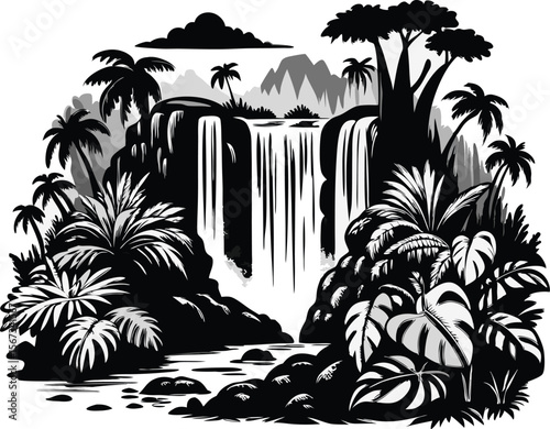 Tropical Waterfall in Lush Jungle Landscape