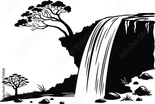 Black and White Waterfall and Tree Silhouette
