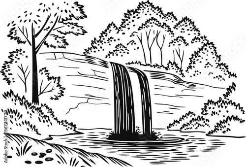 Black and White Waterfall Scene in Forest