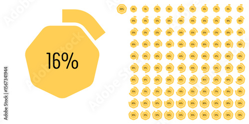 Set of heptagon percentage diagrams meters from 0 to 100 ready-to-use for web design, user interface UI or infographic - indicator with yellow
