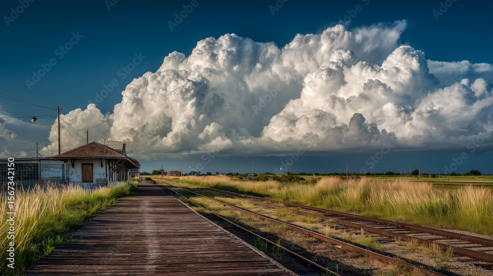 Obraz premium 男性が無人の駅ホームで迫る雲を眺める昼下がり
