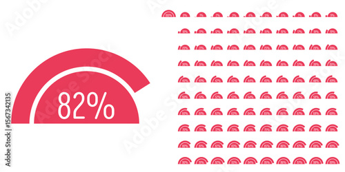 Set of semicircle percentage progress bar diagrams meters from 0 to 100 ready-to-use for web design, user interface UI or infographic - indicator with red