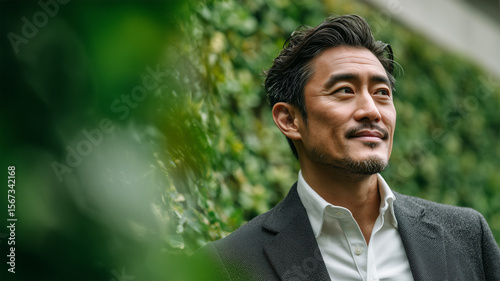 中年の日本人男性が庭先で微笑む