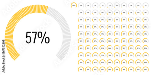 Set of circular sector arc percentage diagrams meters progress bar from 0 to 100 ready-to-use for web design, user interface UI or infographic - indicator with yellow