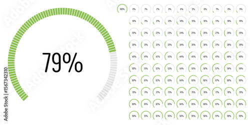 Set of circular sector arc percentage diagrams meters progress bar from 0 to 100 ready-to-use for web design, user interface UI or infographic - indicator with green