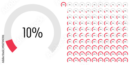 Set of circular sector arc percentage diagrams meters progress bar from 0 to 100 ready-to-use for web design, user interface UI or infographic - indicator with red