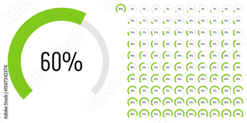 Set of circular sector arc percentage diagrams meters progress bar from 0 to 100 ready-to-use for web design, user interface UI or infographic - indicator with green