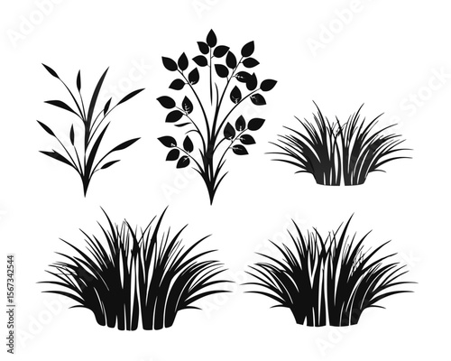Comprehensive collection of black silhouettes featuring various bush grass and shrub forms for diverse design applications and natural scene creation