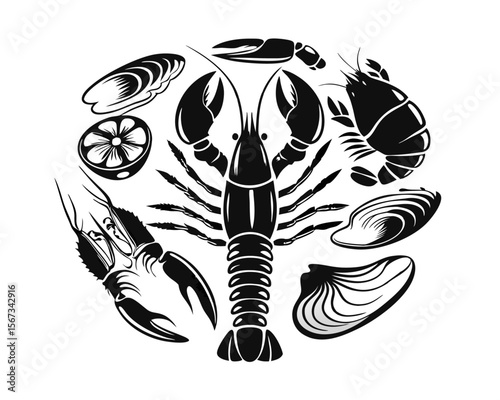 Artistic collection of hand drawn marine life featuring lobsters shrimps and crabs for culinary or decorative themes