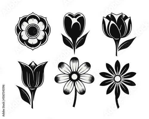 A collection of stylized floral emblems featuring delicate petals and simple botanical outlines rendered in a vibrant palette of black yellow cyan and magenta for versatile graphic applications