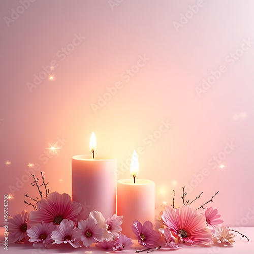 Elegant birthday card background featuring glowing candles, delicate sparkles, and floral arrangements on a soft gradient backdrop