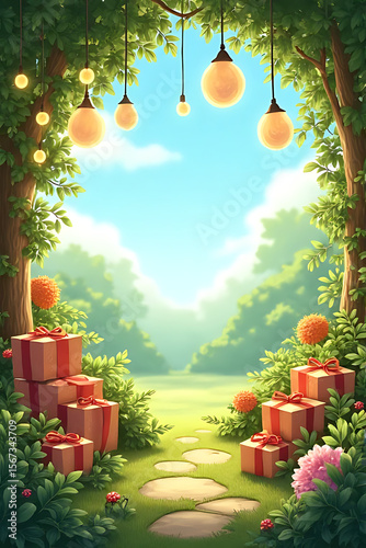 Whimsical birthday setup in a lush garden with hanging lights, gift boxes, and nature elements, clear sky 