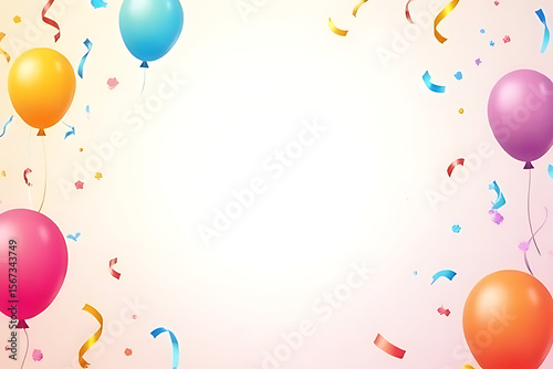 Vibrant birthday celebration scene with colorful balloons, floating confetti, and festive ribbons on soft pastel background 