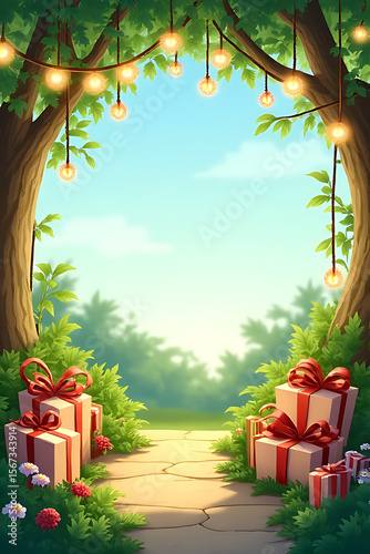Whimsical birthday setup in a lush garden with hanging lights, gift boxes, and nature elements, clear sky 
