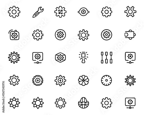 Comprehensive collection of essential settings and configuration symbols for user interface design featuring gear mechanisms control panels and operational adjustments in a vibrant palette