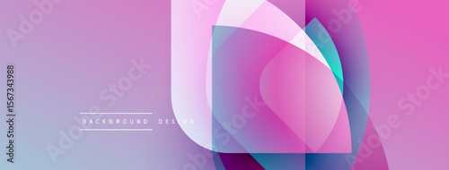 Abstract design features layered squares, vibrant pinks, blues, purples. Gradient transitions create modern visual effect. Minimal text present.