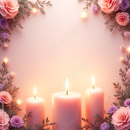Elegant birthday card background featuring glowing candles, delicate sparkles, and floral arrangements on a soft gradient backdrop
