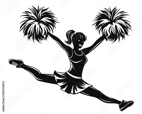 Dynamic full body silhouette of a cheerleader performing an energetic action pose perfect for sports promotions and event announcements showcasing spirit and athleticism
