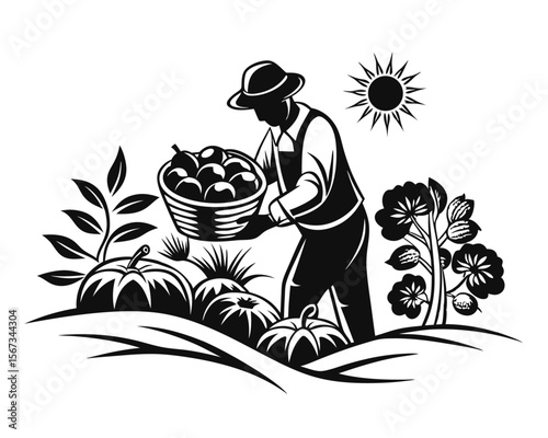 Artistic depiction of a solitary farmer rendered as a striking silhouette proudly presenting a bountiful basket overflowing with freshly harvested produce symbolizing agriculture and abundance