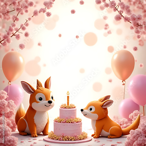 Cheerful birthday scene with animal characters, pastel props, and floating decorations in a whimsical fantasy style