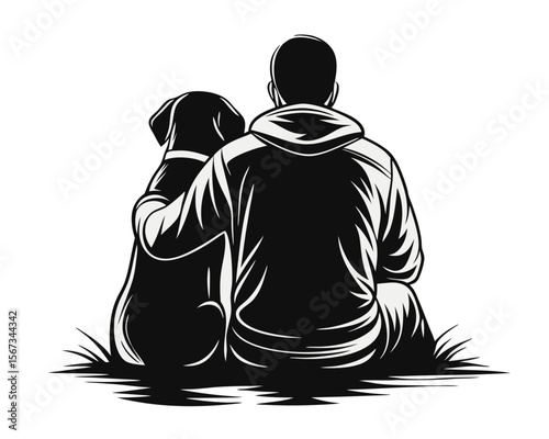 Minimalist graphic art depicting a person and their canine companion resting together on the ground rendered in a clean stylized outline style