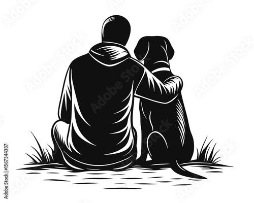 Artistic silhouette of a person and their canine companion enjoying a moment of rest together on the ground rendered in a clean graphic style