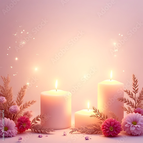 Elegant birthday card background featuring glowing candles, delicate sparkles, and floral arrangements on a soft gradient backdrop