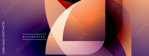 Abstract geometric shapes overlap, creating vibrant gradient effect. Purple, orange hues dominate design. Modern background texture.