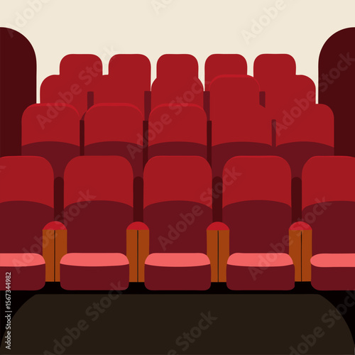 Empty theatre seats Rows of plush velvet seats in an old dimly vector on colorful background.