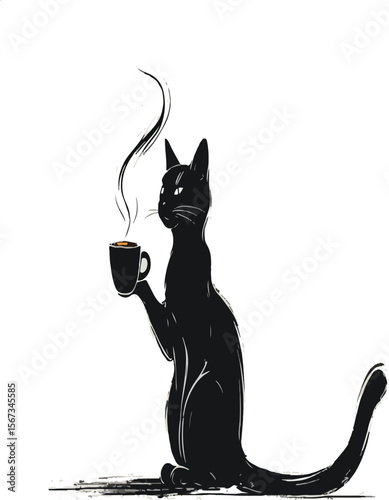 cat with cup of tea silhouette