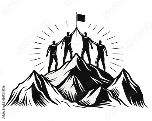 Abstract depiction of a group of five individuals successfully reaching a mountain summit symbolizing achievement and peak experience in a stylized graphic