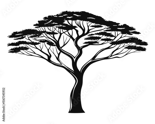 Elegant silhouette showcasing a distinctive acacia tree with its characteristic umbrella like canopy rendered in a clean graphic style with potential for vibrant color applications