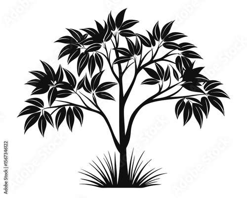 Clean black outlines of various trees shrubs and bushes presented against a pure white backdrop for versatile design applications
