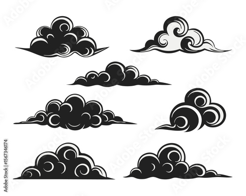 Architectural design elements a collection of stylized cloud silhouettes for blueprint visualizations and conceptual renderings in black and white