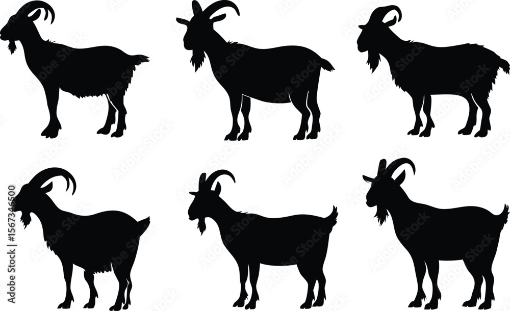 Fototapeta premium Goat silhouette vector set, black goat silhouette icon bundle 