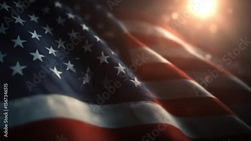 4K seamless looping video of the USA flag waving softly with cinematic light flares and shallow depth of field.
