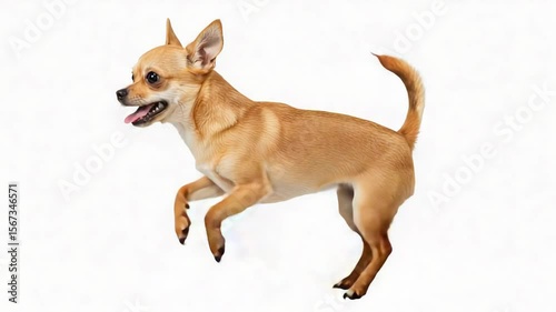 Tan Chihuahua Running Mid Air Isolated Against White Background Dog Breed Jumping in a Studio Shot