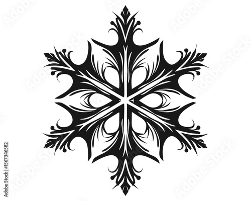 A striking clean graphic representation of a solitary winter snowflake rendered in bold black and white presented on a pristine white backdrop perfect for seasonal themes