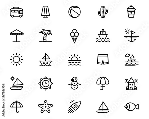 Comprehensive collection of summer beach and vacation travel symbols featuring seaside elements and seasonal holiday activities for your creative projects