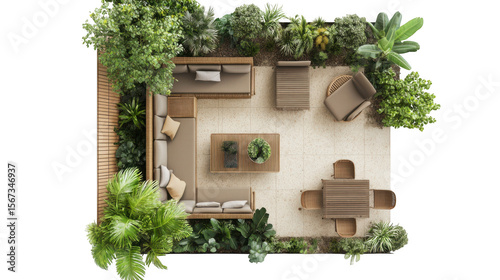 Top-down view of modern outdoor patio living space with furniture and lush green plants.