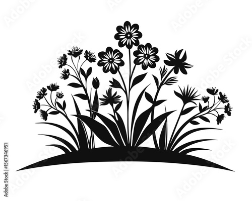Elegant summer garden floral silhouettes featuring blooming plants and delicate foliage in a striking black and vibrant color palette perfect for decorative applications