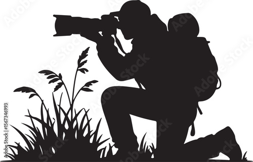 Wildlife Photographer Kneeling in Tall Grass, Capturing Nature's Beauty