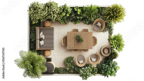 Top-down view of modern outdoor living space with greenery and contemporary furniture