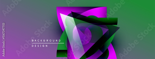 Abstract geometric composition. Vibrant purple, green gradients create dynamic visual effect. Modern design elements suggest innovation, energy.