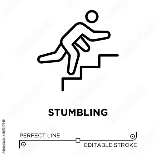 The line icon vector illustrates stumbling on stairs. The line icon is isolated on a transparent background and can be edited as needed