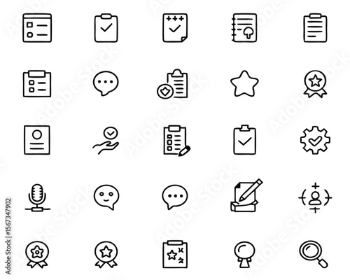Comprehensive collection of clean modern line art symbols representing various aspects of surveys questionnaires feedback and data collection processes for digital applications