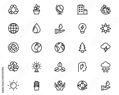 Comprehensive collection of thin line symbols representing environmental social and governance principles for corporate responsibility and sustainable development initiatives